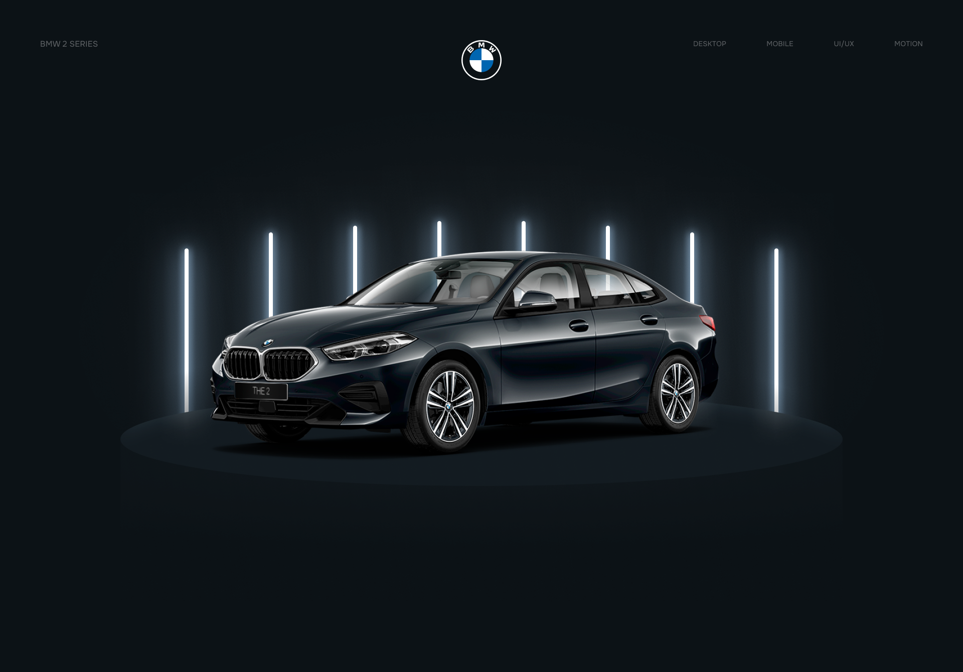 Экран промо-страницы в тёмном оформлении с чёрным автомобилем BMW 2 Series